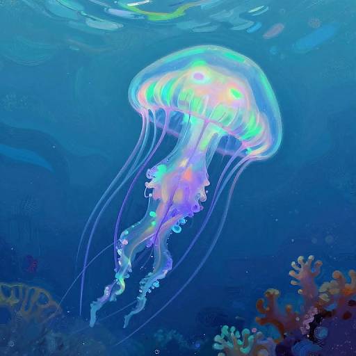Digital painting of a vibrant, glowing blue and green jellyfish with flowing tentacles, floating over a colorful coral reef in deep blue underwater ocean.