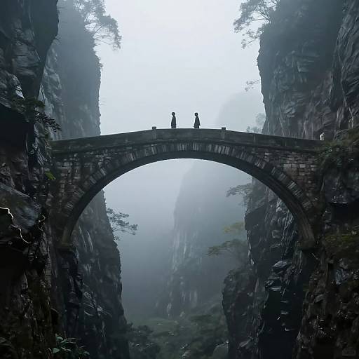 Photograph of a foggy, mountainous landscape with two silhouetted figures standing on a stone arch bridge between towering rocky cliffs.