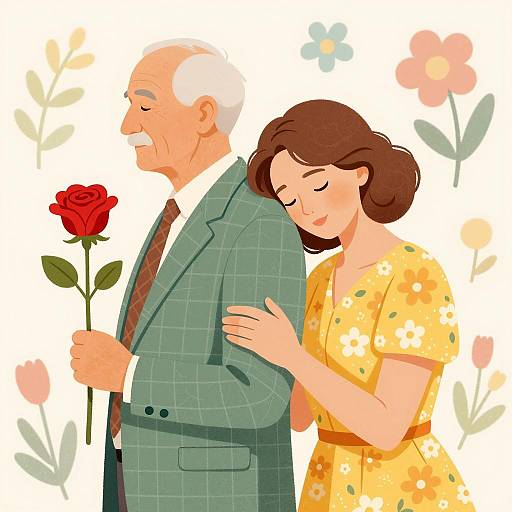 Elderly Couple Embracing in Colorful Scene