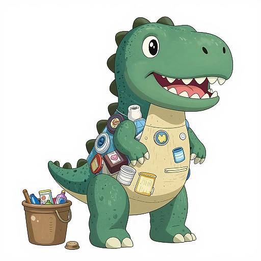 Cartoon green crocodile with black eyes, smiling, wearing a beige shirt with pockets and various colorful items, stands beside a brown basket filled with more