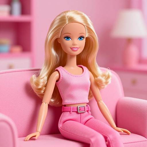 Photorealistic CGI of a blonde doll with blue eyes, wearing a pink sleeveless top and matching pants, sitting on a pink couch in a pink