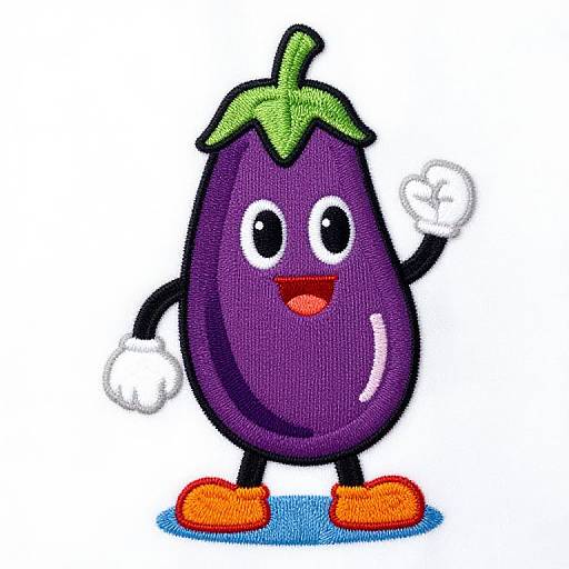 Cartoon purple eggplant with green top, white gloves, black arms, orange shoes, smiling, waving, against white background. Digital drawing.