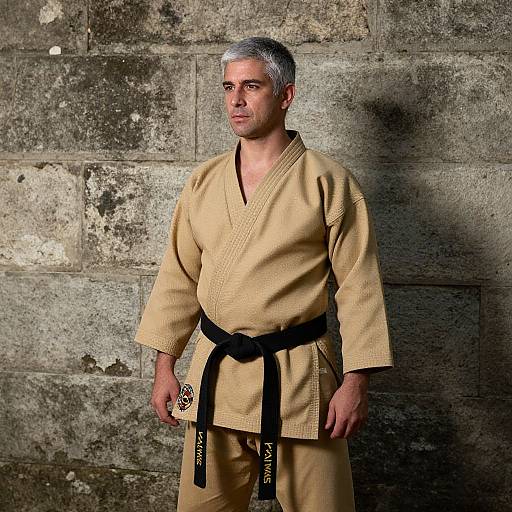 Grey-Haired Karate Master Against Stone Wall