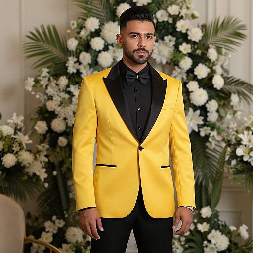 Photograph of a bearded man in a bright yellow tuxedo with black lapels and bow tie, standing in front of a floral background with