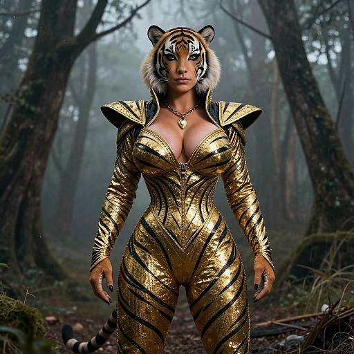 CGI image of a tall, curvy woman with tiger ears and face paint, wearing a gold, form-fitting, armor-like outfit in a