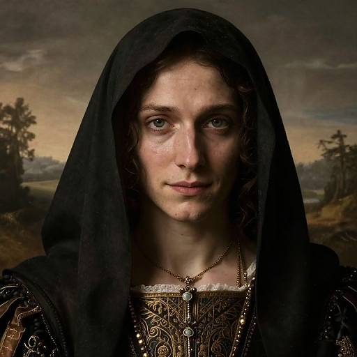 Photograph-style portrait of a young woman with fair skin, brown eyes, and wavy brown hair, wearing a black veil and ornate, medieval