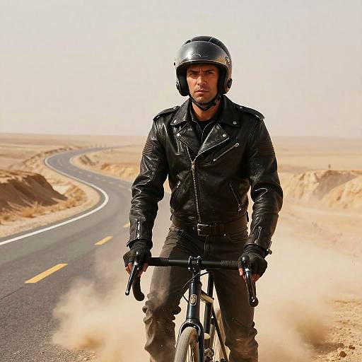 Confident Biker on Desert Highway
