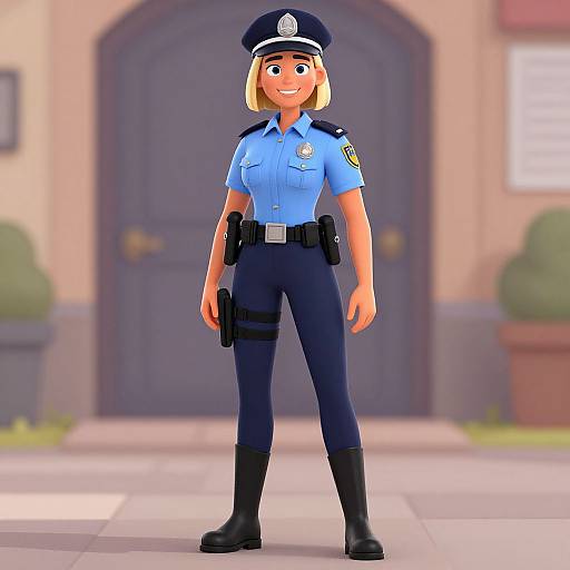 3D animated blonde policewoman with blue shirt, black pants, cap, and boots, standing confidently in front of a blurred building door.