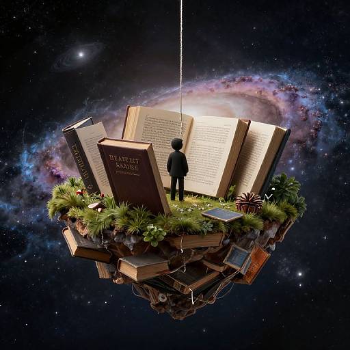 Digital artwork: Silhouette of person standing on floating, grass-covered book island with open books, surrounded by galaxy, suspended by string.