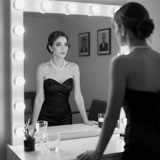 Elegant Woman in Black Dress by Vanity Mirror