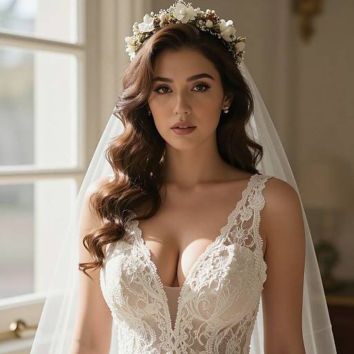 Photograph of a beautiful bride with long, wavy brown hair, wearing a white lace wedding dress with deep V-neck, floral crown, and veil