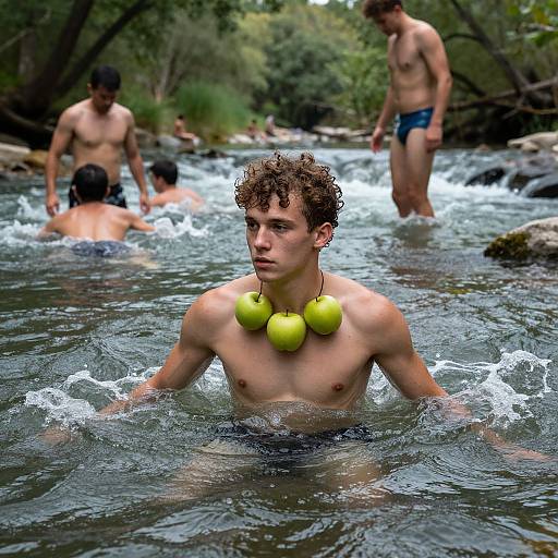 Photograph of four shirtless men in a river, wearing only swim trunks and a curly-haired man with three green apple necklaces in the foreground