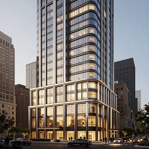 Photograph of a modern, glass skyscraper with illuminated windows, standing in an urban cityscape with other tall buildings at dusk.