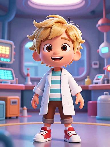 CGI cartoon of a smiling blond boy in a white lab coat, green-striped shirt, brown shorts, red sneakers, standing in a futuristic lab with