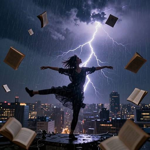 Flying Books Amid Stormy Cityscape