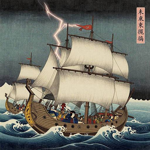 Ukiyo-e Viking Longship Fleet in Storm