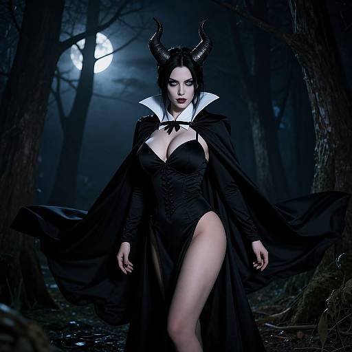 Photograph of a pale-skinned woman with black horns, dark lipstick, and black corset dress, standing in a moonlit forest, wearing a