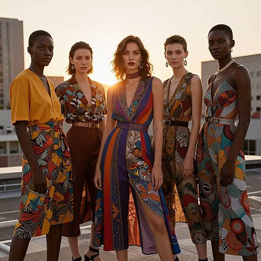 Photograph of four diverse women in colorful, patterned dresses standing silhouetted against a sunset on a rooftop, showcasing vibrant African-inspired fashion.