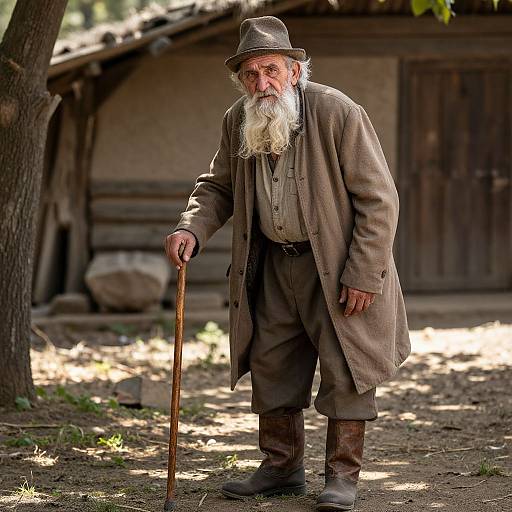 Photograph of an elderly man with a long white beard, wearing a brown coat, hat, and boots, standing outdoors near a rustic wooden hut,