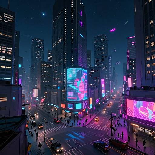 Digital art of a neon-lit, futuristic cityscape at night, featuring towering skyscrapers with vibrant blue, pink, and purple LED signs,