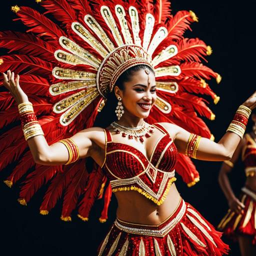Elegant Female Samba Dancer in Red and Gold Carnival Costume