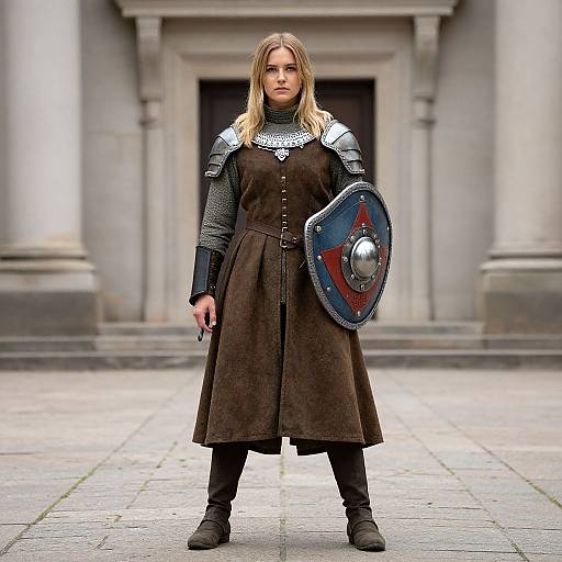 Photograph of a blonde, fair-skinned woman in medieval armor and brown dress, holding a circular shield, standing in front of a stone building.