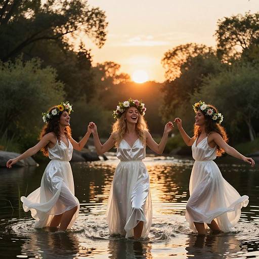 Three women in white, flowing dresses and floral crowns dancing in a shallow river at sunset, holding hands, with trees in the background. Photograph.