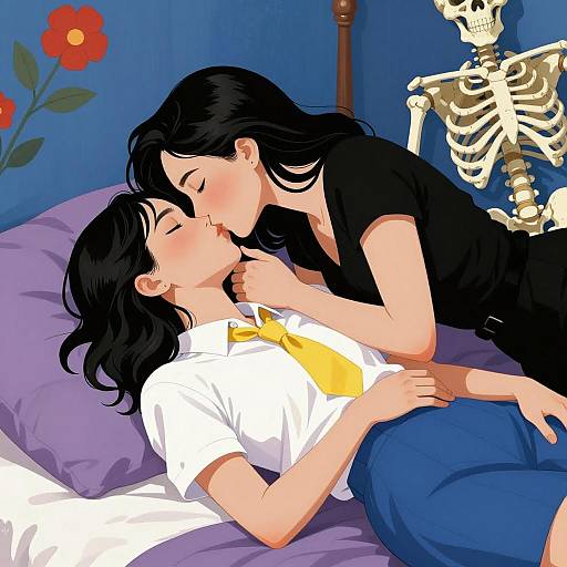 Intimate Bedroom Kiss Between Two Women