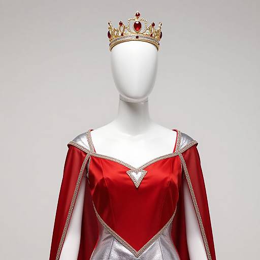 Photograph of a faceless, white mannequin wearing a red satin dress with silver trim and a gold crown with red jewels.