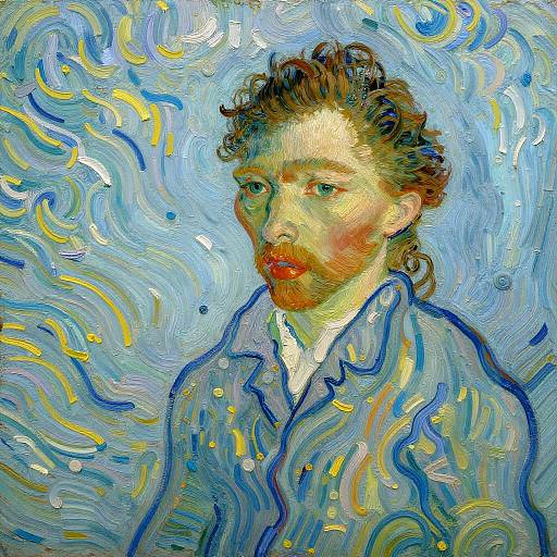 Vibrant oil painting of a bearded man with curly hair, wearing a blue shirt, against a swirling blue and yellow background. Expressionist style