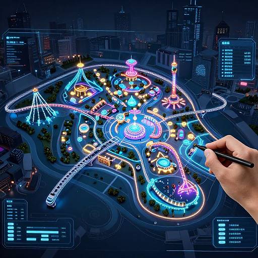 Digital illustration of a vibrant, neon-lit amusement park with Ferris wheels, roller coasters, and buildings, viewed from above, as a hand