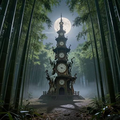 Photograph-style digital artwork of a gothic clock tower with ornate design, standing in a misty bamboo forest under a full moon.