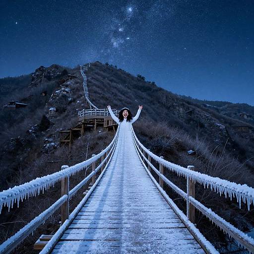 Photograph of a woman in a white dress with arms outstretched on a snow-covered wooden bridge, under a starry night sky with a hill