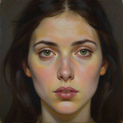 Digital painting of a young woman with green eyes, fair skin, and dark brown hair, staring directly at the viewer against a dark background. Realistic