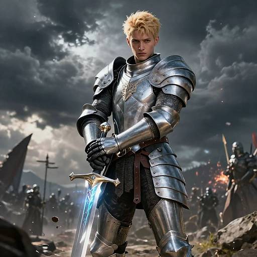 Epic Blonde Warrior with Glowing Sword