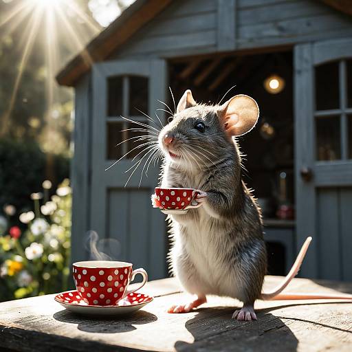 Mouse Holding Tiny Teacup in Garden Shed