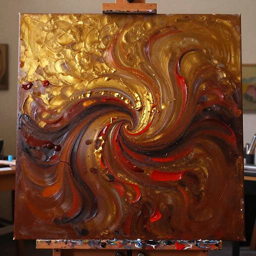 Abstract swirl painting with gold, red, and black textured layers, displayed on an easel in a brightly lit studio.