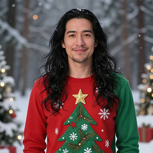 Photograph of a smiling man with long black hair wearing a red Christmas sweater with a green tree and gold star, standing in a snowy forest with blurred