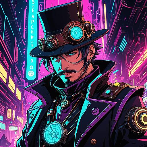 Steampunk Alchemist Sorcerer in Neon Cyberpunk City