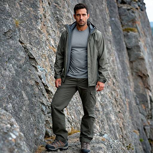 Photograph of a muscular, dark-haired man in a gray shirt, green jacket, and black pants standing against a rugged, gray rock wall.