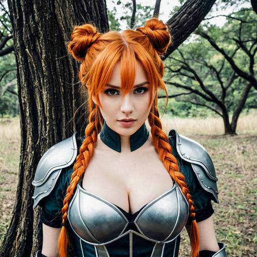 Cosplay woman in armor with orange braided hair Cosplay woman in armor with orange braided hair