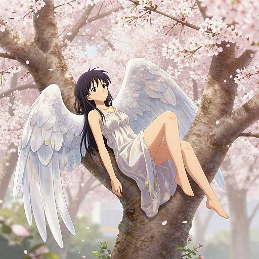 Anime-style drawing of a black-haired angel girl with white wings, wearing a white dress, sitting on a cherry blossom tree branch.