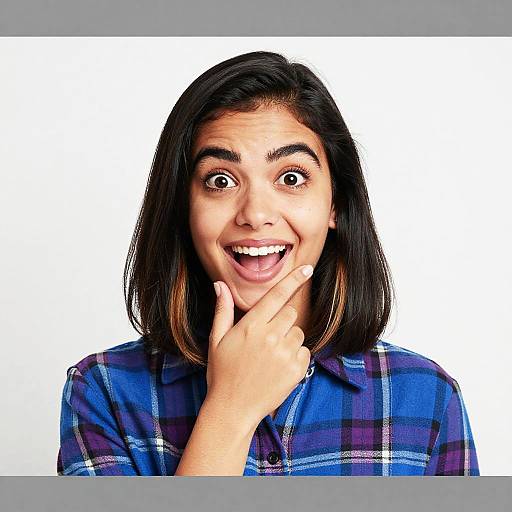 Photograph of a surprised young woman with dark brown hair, wide eyes, and open mouth, wearing a blue plaid shirt, touching her chin with