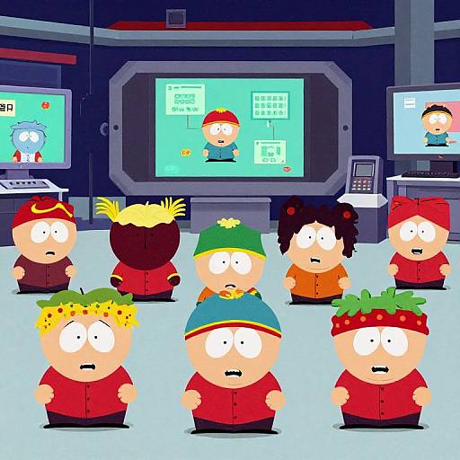 Cartoon children in red shirts, various hats, sitting in front of a futuristic TV screen displaying a game show. Retro digital art style.