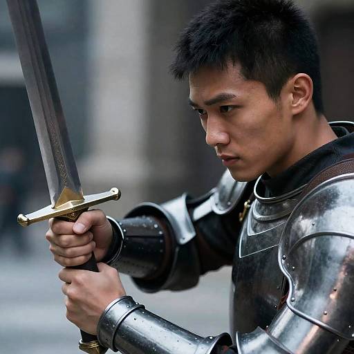 Armored Man Holding Sword in Streets