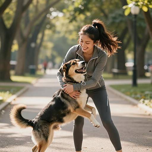 Sporty Woman Hugging Dog in Park
