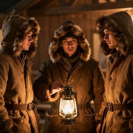 Three Men in Winter Clothing - Lantern Light