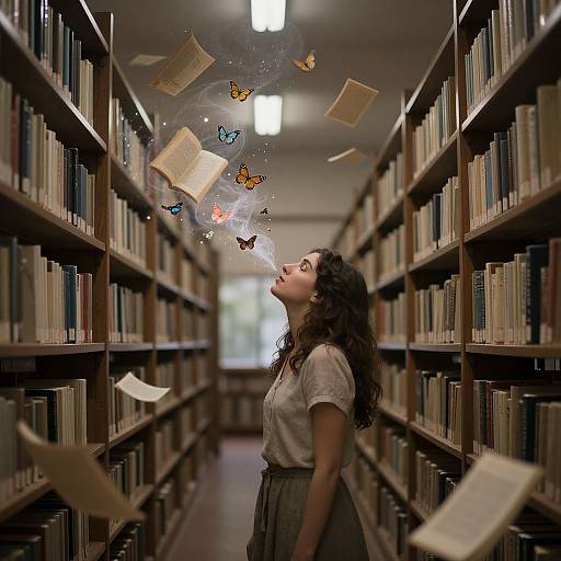Photograph of a curly-haired woman in a library, head tilted back, imagining floating papers and colorful butterflies between bookshelves.