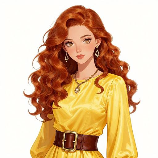 Digital anime-style portrait of a beautiful, fair-skinned woman with long, wavy auburn hair, wearing a yellow satin dress, black belt