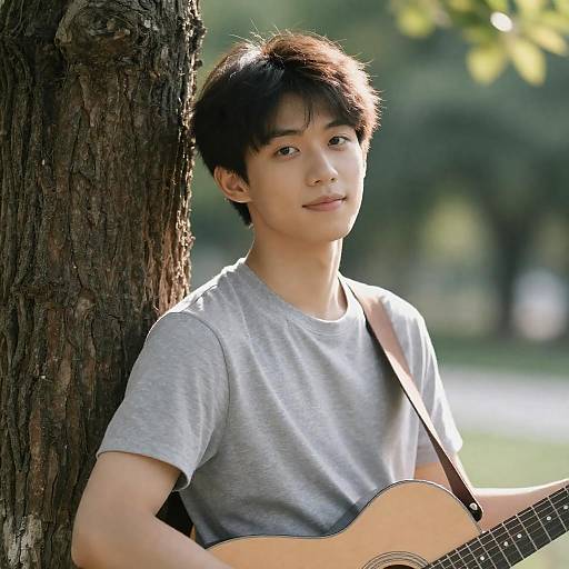 Photograph of an Asian young man with short black hair, wearing a gray t-shirt, leaning against a tree, playing an acoustic guitar in a sun
